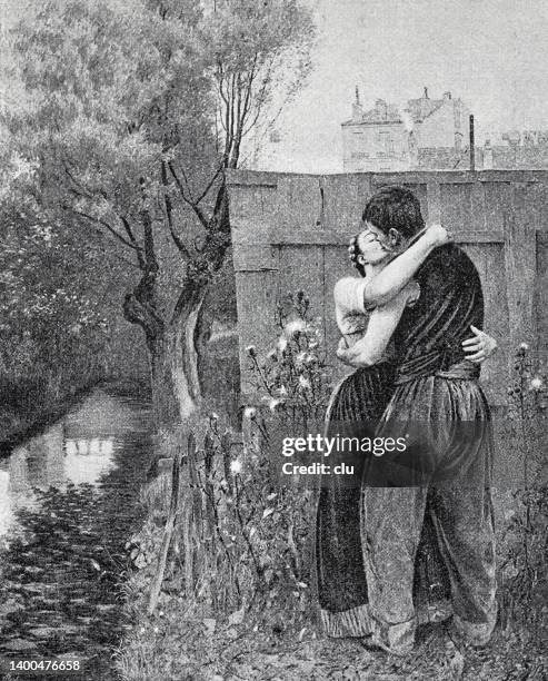 young couple kissing in the garden - past romances stock illustrations