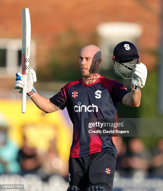 Chris Lynn of Northamptonshire Steelbacks celebrates after scoring a century during the Vitality T20 Blast match between Northamptonshire Steelbacks...