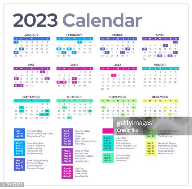 2023 major holidays calendar - monthly event stock illustrations