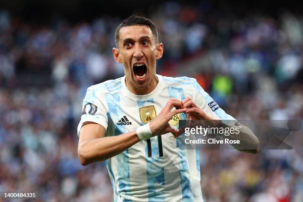 Angel Di Maria of Argentina celebrates scoring their side's second goal during the 2022 Finalissima match between Italy and Argentina at Wembley...