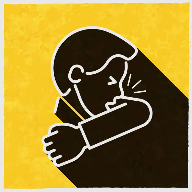 cough or sneeze into elbow. icon with long shadow on textured yellow background - whooping-cough stock illustrations