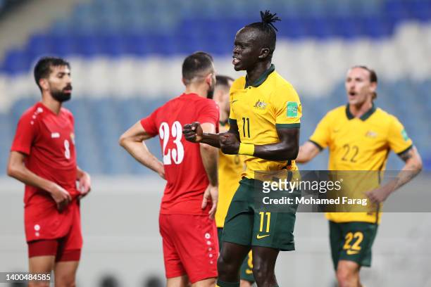 Awer Mabil of Australia celebrates after scoring their side's second goal during the International Friendly match between Jordan and Australia...