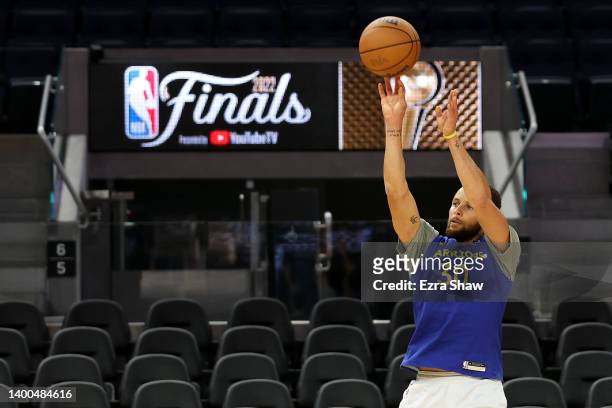Stephen Curry of the Golden State Warriors takes a shot during media day prior to the start of the NBA Finals at Chase Center on June 01, 2022 in San...