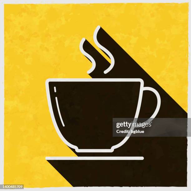 coffee cup. icon with long shadow on textured yellow background - fancy tea cups stock illustrations