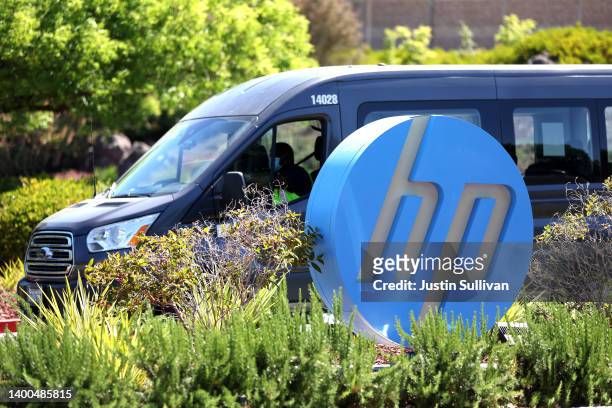 Sign is posted in front of a Hewlett-Packard office on June 01, 2022 in Palo Alto, California. HP reported better-than-expected second quarter...