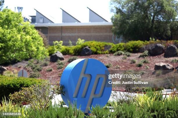 Sign is posted in front of a Hewlett-Packard office on June 01, 2022 in Palo Alto, California. HP reported better-than-expected second quarter...