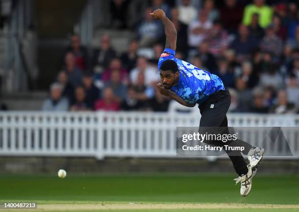 Obed McCoy of Sussex Sharks in bowling action during the Vitality T20 Blast match between Somerset and Sussex Sharks at The Cooper Associates County...