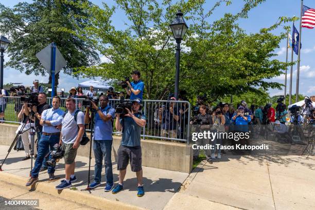 Media gather outside the Fairfax County Circuit Courthouse on June 01, 2022 in Fairfax, Virginia. A US jury found Wednesday that US actress Amber...