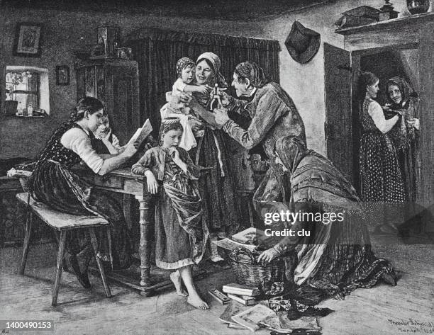 female peddler in the country, living room, complete family present - selling books stock illustrations