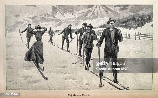 ilustraciones, imágenes clip art, dibujos animados e iconos de stock de esquís de fondo, en terreno llano, hombres y mujeres, alemán siglo 19 - esquí de fuera de pista
