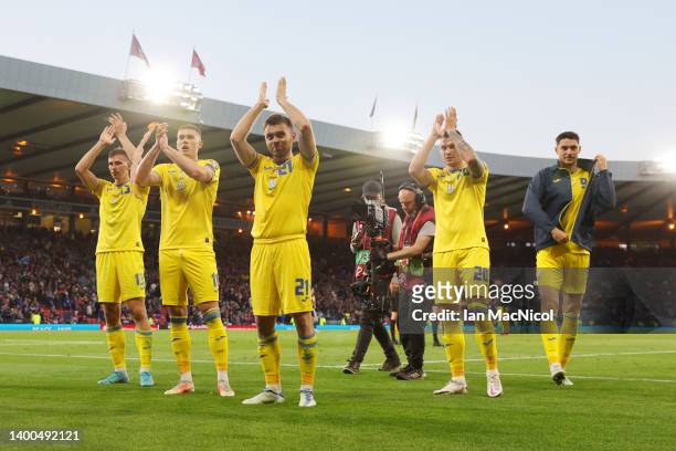 Ukraine players applauds the fans after their sides victory during the FIFA World Cup Qualifier match between Scotland and Ukraine at Hampden Park on...