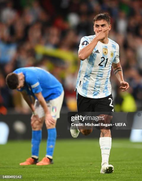 Paulo Dybala of Argentina celebrates after scoring their team's third goal during the 2022 Finalissima match between Italy and Argentina at Wembley...