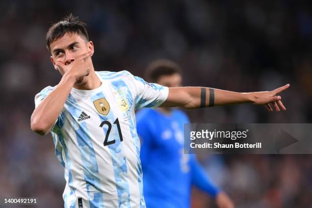 Paulo Dybala of Argentina celebrates after scoring their team's third goal during the 2022 Finalissima match between Italy and Argentina at Wembley...