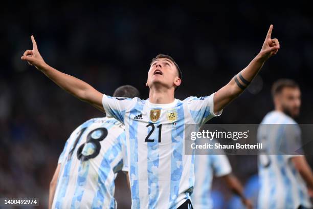 Paulo Dybala of Argentina celebrates after their sides victory during the 2022 Finalissima match between Italy and Argentina at Wembley Stadium on...