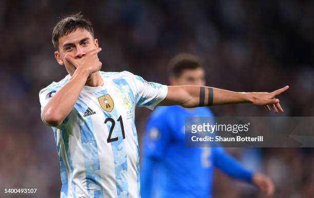 Paulo Dybala of Argentina celebrates after scoring their team's third goal during the 2022 Finalissima match between Italy and Argentina at Wembley...