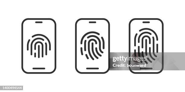 fingerprint mobile phone line icons - papers scanning to digital vector stock illustrations