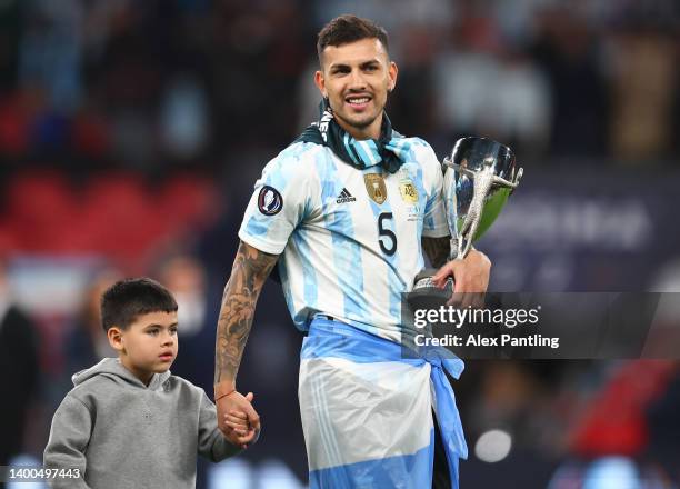 Leandro Paredes of Argentina celebrates with the Finalissima trophy after their sides victory during the 2022 Finalissima match between Italy and...