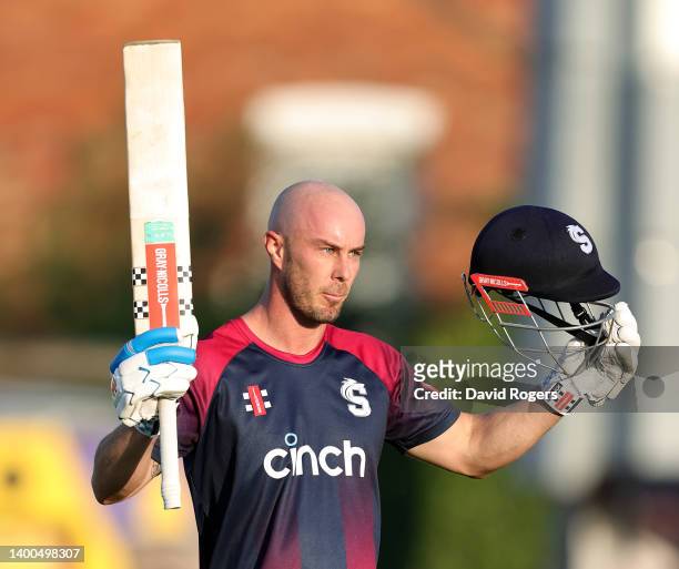 Chris Lynn of Northamptonshire Steelbacks celebrates after scoring a century during the Vitality T20 Blast match between Northamptonshire Steelbacks...