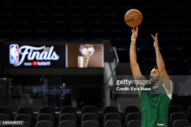 Jayson Tatum of the Boston Celtics takes a shot during media day prior to the start of the NBA Finals at Chase Center on June 01, 2022 in San...