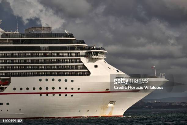 Carnival Pride, a Spirit-class cruise ship operated by Carnival Cruise Line, sails the Tagus River after leaving the Cruise Terminal on June 01, 2022...