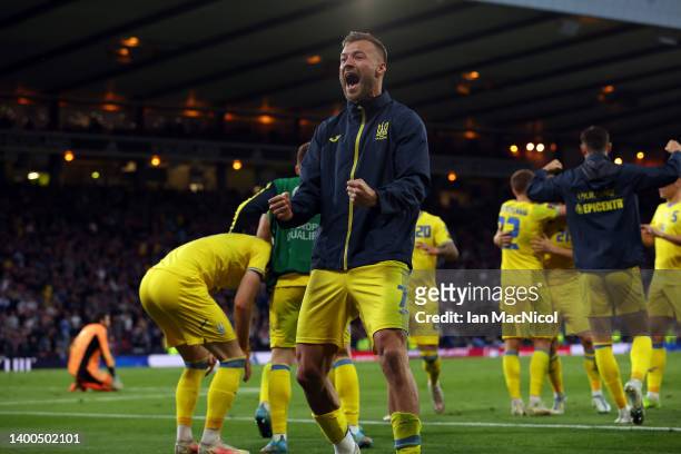 Andriy Yarmolenko of Ukraine celebrates after their sides victory during the FIFA World Cup Qualifier match between Scotland and Ukraine at Hampden...