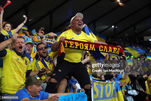 Ukraine fans celebrate after their sides victory during the FIFA World Cup Qualifier match between Scotland and Ukraine at Hampden Park on June 01,...