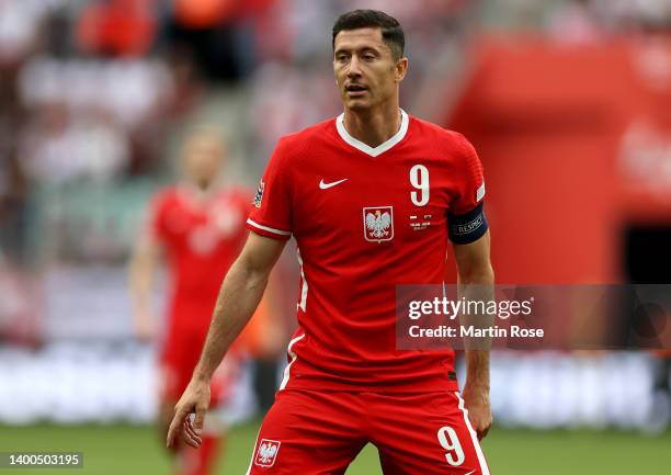 Robert Lewandowski of Poland reacts during the UEFA Nations League League A Group 4 match between Poland and Wales at Tarczynski Arena on June 01,...