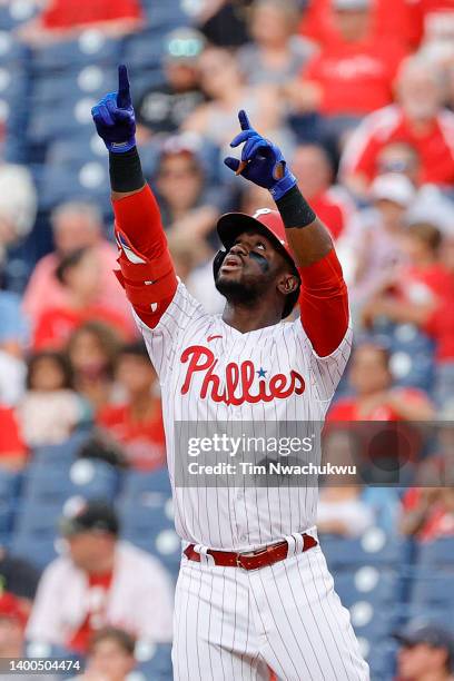 Odúbel Herrera of the Philadelphia Phillies reacts after hitting a single during the second inning against the San Francisco Giants at Citizens Bank...