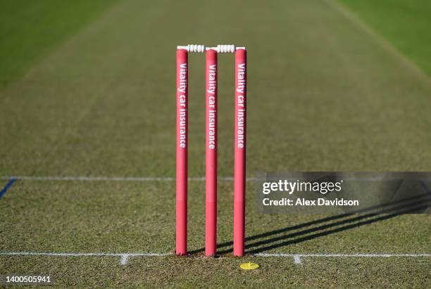 Detailed view of the stumps during the Vitality T20 Blast match between Hampshire Hawks and Middlesex at The Ageas Bowl on May 27, 2022 in...