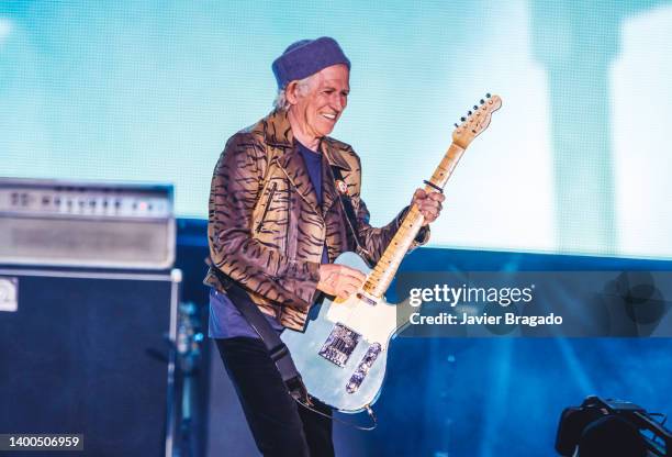 Keith Richards of The Rolling Stones performs on stage at Wanda Metropolitano on June 01, 2022 in Madrid, Spain.