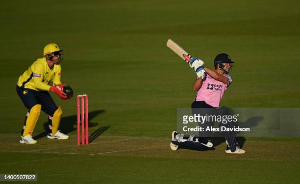 Max Holden of Middlesex bats during the Vitality T20 Blast match between Hampshire Hawks and Middlesex at The Ageas Bowl on May 27, 2022 in...
