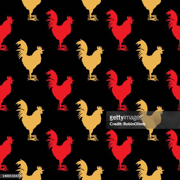 red and gold rosters seamless pattern - rooster print stock illustrations