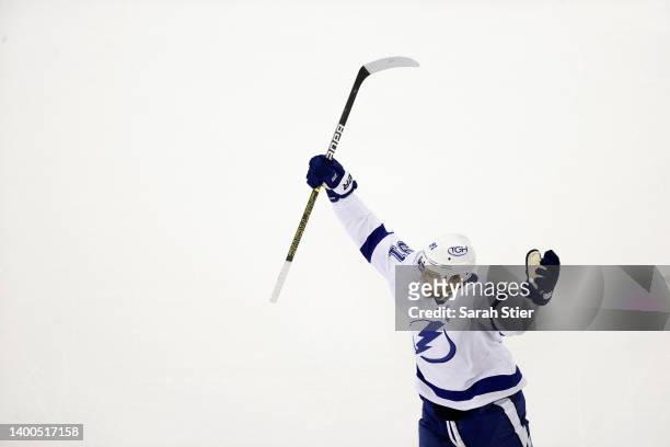 Steven Stamkos of the Tampa Bay Lightning celebrates after scoring a goal on the New York Rangers during the first period in Game One of the Eastern...