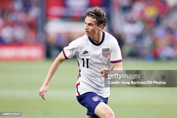 Brenden Aaronson of the United States men's national team during a game against Morocco at TQL Stadium on June 1, 2022 in Cincinnati, Ohio.