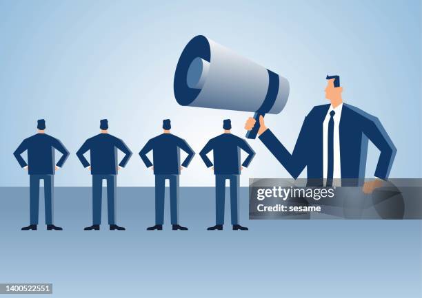 manager holding megaphone speaking to small businessman standing in line, employee management, corporate culture, publicity and marketing - manager explaining stock illustrations