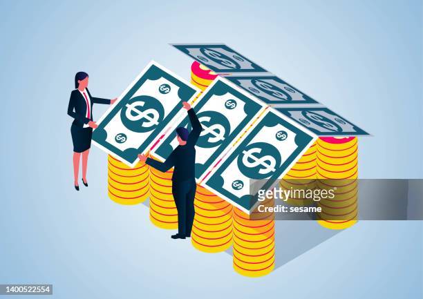 isometric businessman and businesswoman holding banknotes together to build a house, real estate brokerage, home buying, modern family lifestyle, loan to buy a house. - commercial real estate stock illustrations