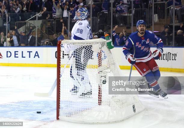 Chris Kreider of the New York Rangers celebrates after scoring a goal on Andrei Vasilevskiy of the Tampa Bay Lightning during the first period in...