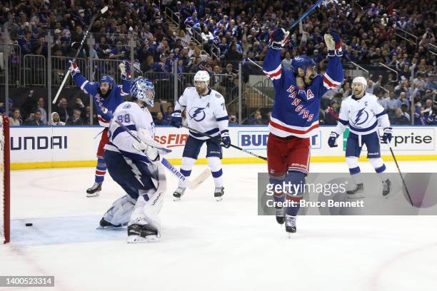Andrei Vasilevskiy of the Tampa Bay Lightning gives up a goal to Frank Vatrano of the New York Rangers during the second period in Game One of the...