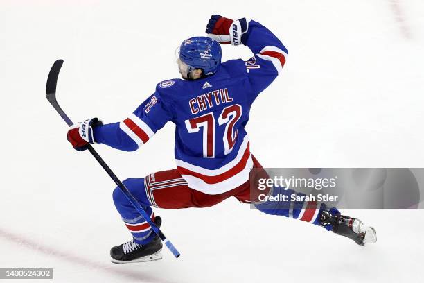 Filip Chytil of the New York Rangers celebrates after scoring a goal on Andrei Vasilevskiy of the Tampa Bay Lightning during the second period in...