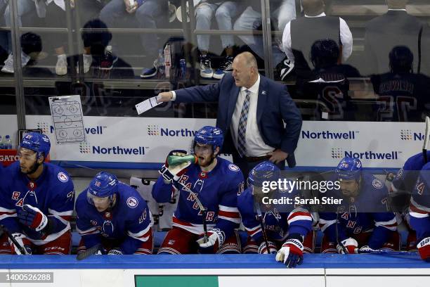 Head coach Gerard Gallant of the New York Rangers looks on against the Tampa Bay Lightning during the second period in Game One of the Eastern...