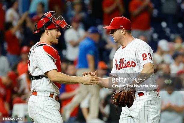 Realmuto and Corey Knebel of the Philadelphia Phillies celebrate after defeating the San Francisco Giants at Citizens Bank Park on June 01, 2022 in...