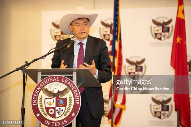 Chinese Ambassador to the US Qin Gang visits the International Leadership of Texas, Garland High School on May 31, 2022 in Dallas, Texas.