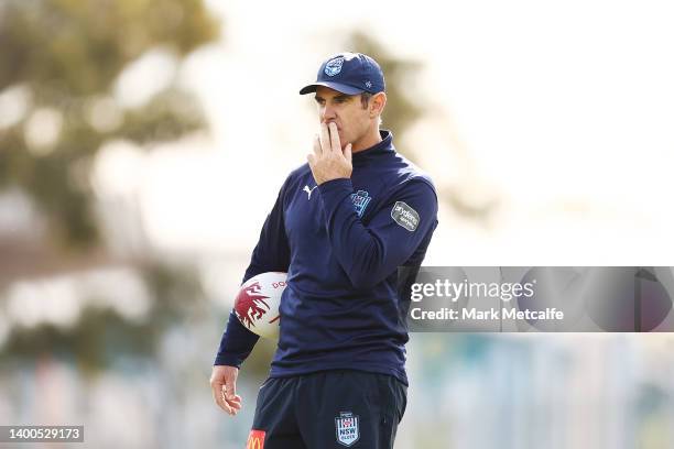 Blues coach Brad Fittler looks on during a New South Wales Blues State of Origin squad training session at Ignite HQ Centre of Excellence on June 02,...