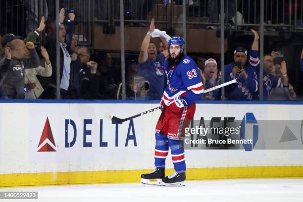 Mika Zibanejad of the New York Rangers celebrates after scoring a goal on Andrei Vasilevskiy of the Tampa Bay Lightning during the third period in...