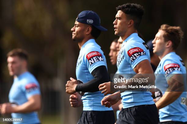 Joseph Suaali of the Blues runs during a New South Wales Blues State of Origin squad training session at Ignite HQ Centre of Excellence on June 02,...