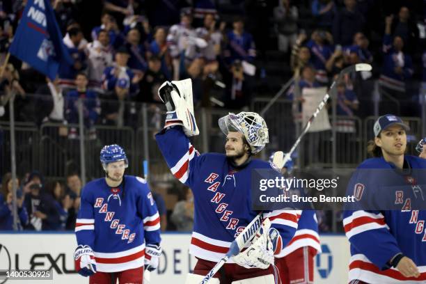 Igor Shesterkin of the New York Rangers waves to the crowd after defeating the Tampa Bay Lightning with a score of 6 to 2in Game One of the Eastern...