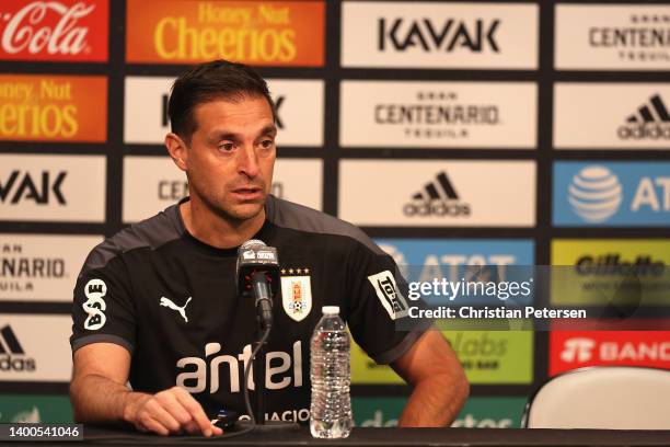 Head Coach of Uruguay Diego Alonso speaks during a press conference ahead of a match between Mexico and Uruguay at State Farm Stadium on June 1, 2022...