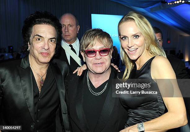 Musician Paul Stanley, Sir Elton John and Erin Sutton attend the 20th Annual Elton John AIDS Foundation Academy Awards Viewing Party at The City of...