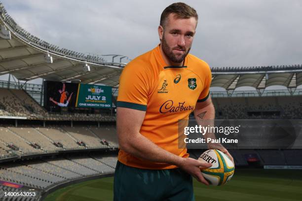 Izack Rodda poses during an Australia Wallabies media announcement at Optus Stadium on June 02, 2022 in Perth, Australia.