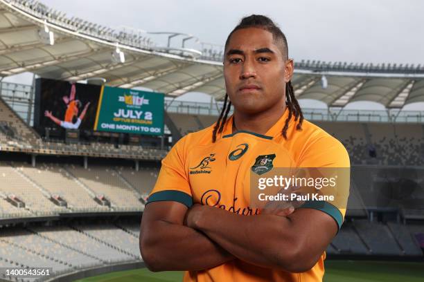 Feleti Kaitu'u poses during an Australia Wallabies media announcement at Optus Stadium on June 02, 2022 in Perth, Australia.